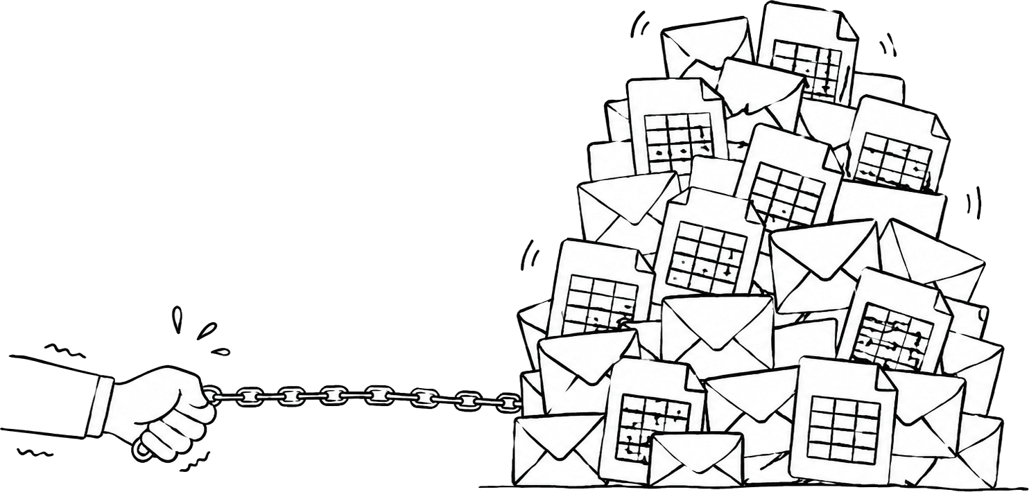 Illustration of procurement slowed by chains of email, spreadsheets, and paperwork
